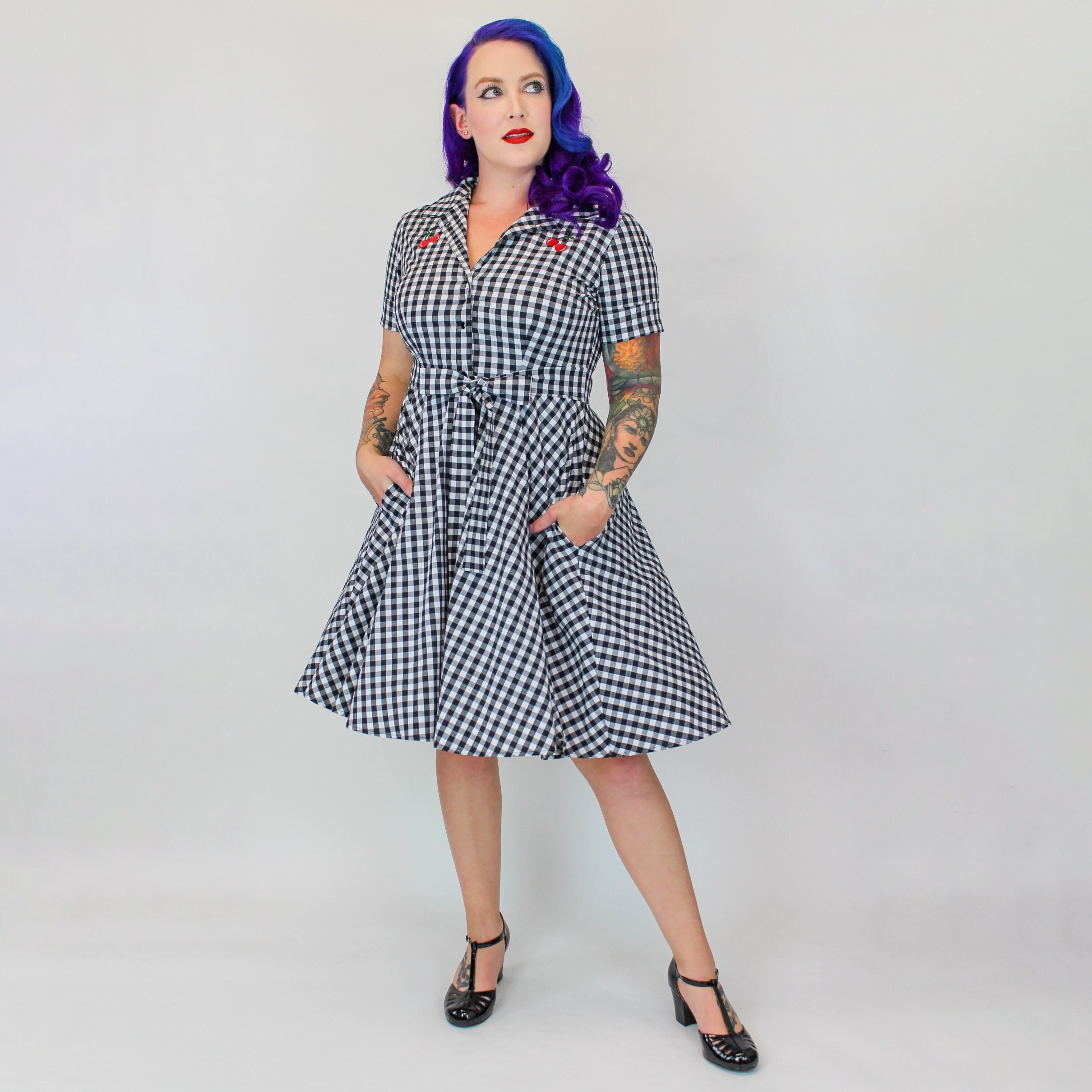 blue gingham dress with cherries Cherry Color:CUSTOM Navy Contrast Stitch Maternity sequin mini Adorable Gingham