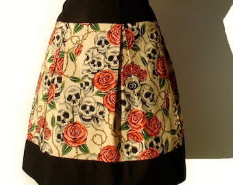 Beige Skulls and Roses Tattoo Skirt - Day of the Dead Pin Up Skirt - Thick Sateen Band Skirt