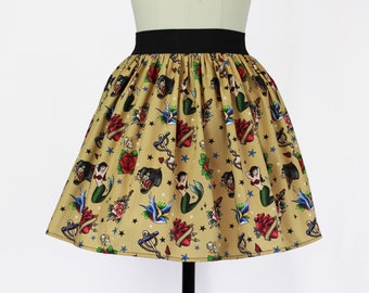 Vintage Inspired Tattoo Flash Art A-line Elastic Skirt