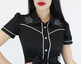 Black Dress with Spiderweb Embroidery Vintage Rockabilly Western Country Women Dress XS-3XL