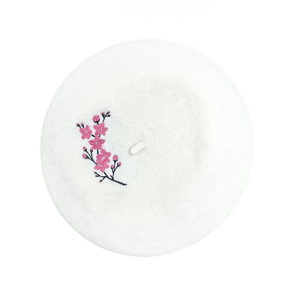 Embroidered Cherry Blossom Ivory Beret