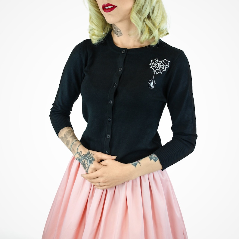 Embroidered Black Knit Sweater Cardigan Spiderweb Heart and Spider Rockabilly Button Up Sweater image 1