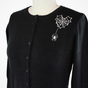 Embroidered Black Knit Sweater Cardigan Spiderweb Heart and Spider Rockabilly Button Up Sweater image 3