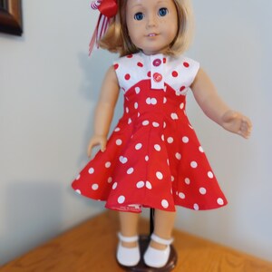 18in Doll Clothes -  1930&#39;s Polka Dot Red and White Dress - Hair Bow