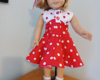 18in Doll Clothes -  1930's Polka Dot Red and White Dress - Hair Bow