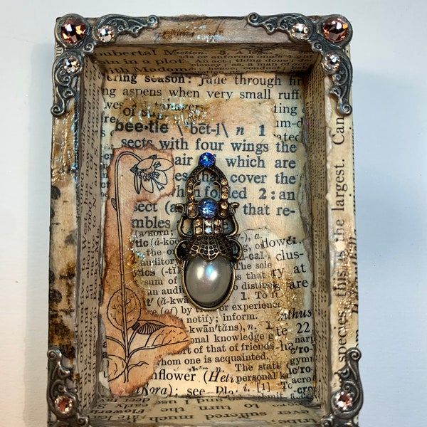 Small handmade insect specimen/shadowbox was made from up-cycled materials, wood box, vintage papers, metal findings, and glass rhinestones.