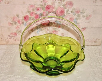 Vintage Viking Green Glass, Double Crimped Layer Basket Clear Applied Handle