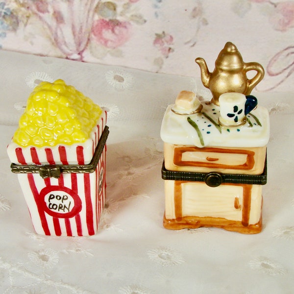 Ceramic Hinged Trinket, Pill Boxes, CHOICE: Popcorn Box, TeaPot on Cabinet