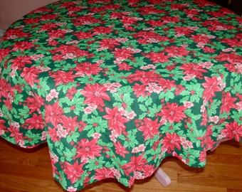 Vintage Traditional Red and Green Poinsettia Round Tablecloth