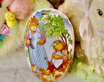 German Papier Mache Egg, Bunnies and Baby Chicks, Easter Egg Adorned Container, Decoupage German Easter Egg