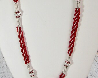 Red and White Seed Bead Rope Necklace
