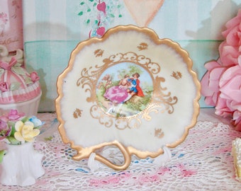 Vintage Lefton Victorian Romantic Courting Couple Trinket Candy Dish, 14k Gold Moriage Nappy, Lemon Dish