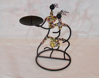 Post Modern Figural Abstract Metal African Candle Holder, Beaded Sculpture, Handcrafted, Boho