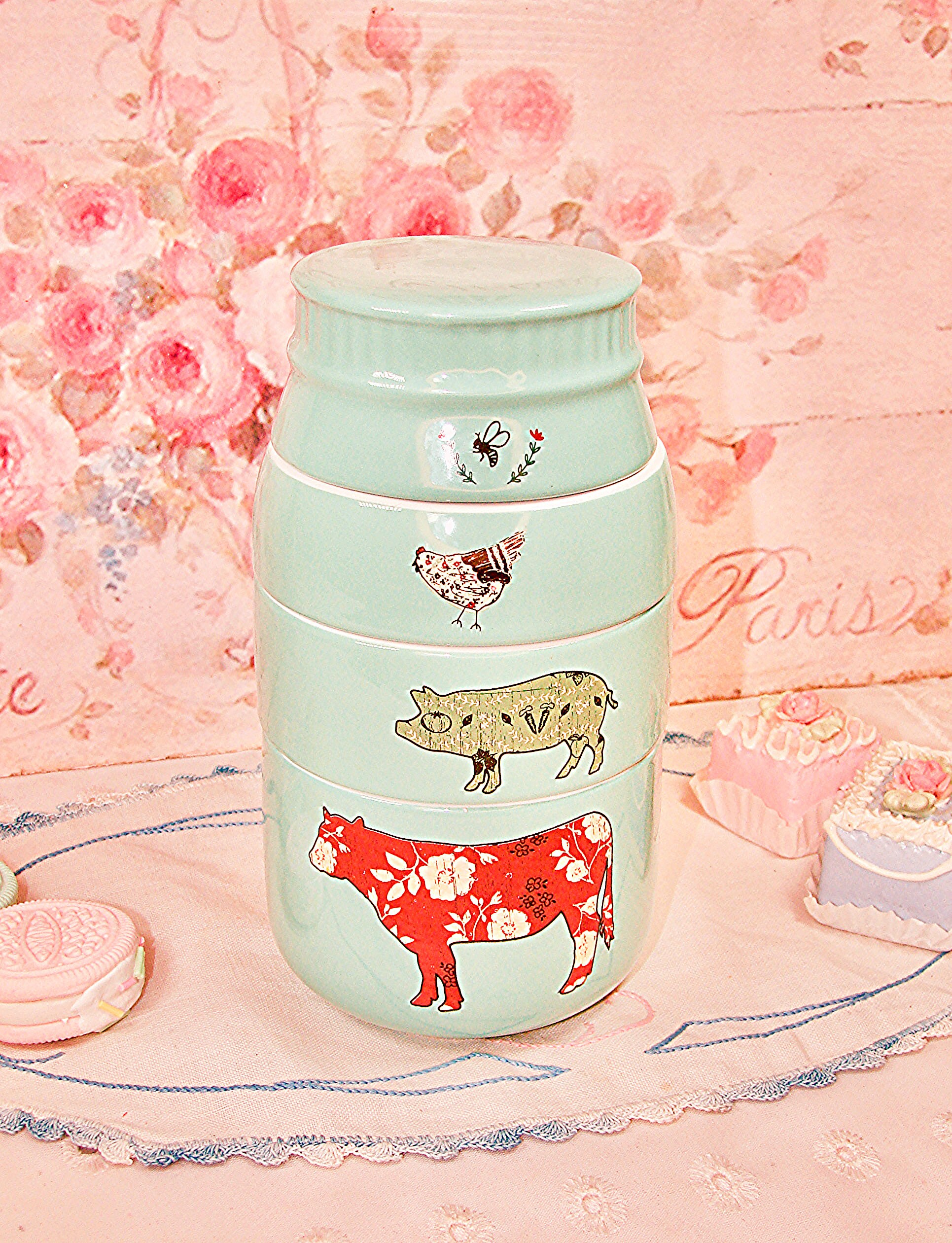 Pavilion - Teal Mason Jar Measuring Cups Bee Chicken Pig and Cow 