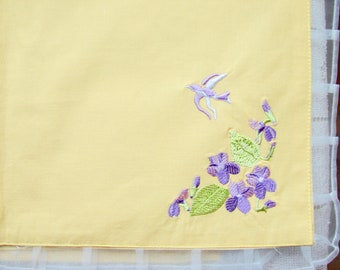 Set of Four Vintage Butter Yellow Placemats with Crinoline Ruffles and Embroidered Flowers and Birds