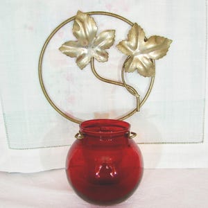 Vintage Ivy Metal and Ruby Glass Vase, Anchor Hocking, Hanging Vase, Mid-century Metal and Glass Vase, Boho, Mod