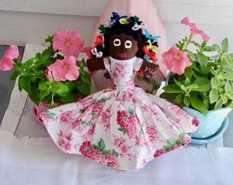 Hand-Made, Topsy Turvy Doll, Pink Floral Dress, Hand-stitched, Fabric Doll, Dolly, Toy