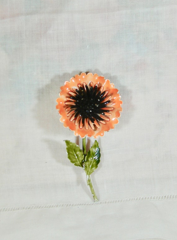 Vintage Orange and Black Enamel Flower Brooch, Boh