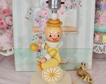 Vintage Irmi and Fred Bering Yellow Clown on Unicycle Table Lamp, Wood Childs Nursery Lamp, 60s Vintage