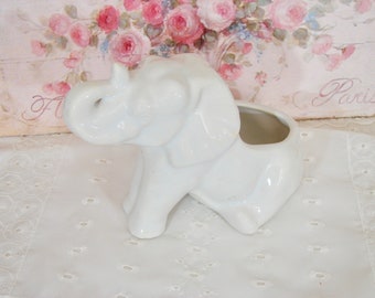 Vintage White Elephant Planter, Trunk Up