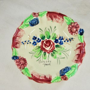 Vintage Hershey Park, PA Souvenir Hand Painted Dark Red, Green, Blue Folk Art Pottery Ceramic Candy Dish