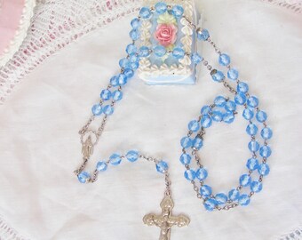 Blue Czech Glass Rosary Beads, Silver Crucifix, Virgin Mary, Catholic Christian, Religious, Worship, Rosaries