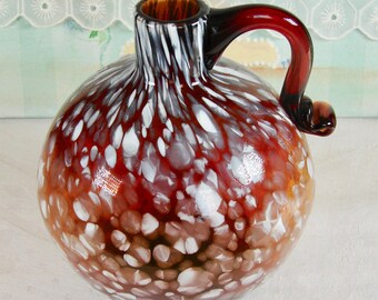Vintage, Hand Blown, Brown and White, Mottled, End of Day, Applied Handle Jug-style, Home Decor