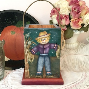 Halloween Fall Home Decor, Hand-painted Scarecrow Hayride Wood Votive Holder, Tole Painting, Pumpkins, Farmhouse Country Cottage