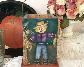Halloween Fall Home Decor, Hand-painted Scarecrow Hayride Wood Votive Holder, Tole Painting, Pumpkins, Farmhouse Country Cottage