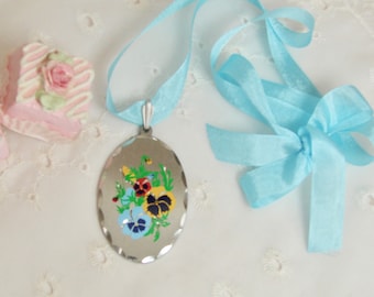 Vintage Hand-painted, Etched, Pewter Pansy Pendant Necklace