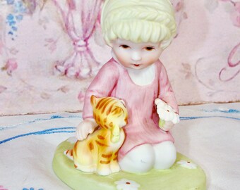 Vintage Ceramic "Purrfect Pals" by "Maggie Murphy" Little Girl with Orange Striped Kitty Cat Bisque Figurine