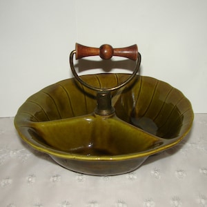 Vintage Green, 3 Section, Lane & Co. California Pottery Condiment, Candy Dish with Handle