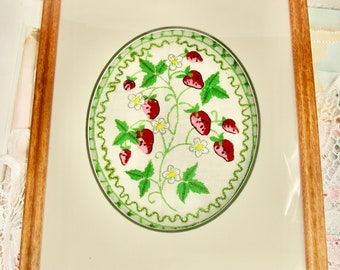 Vintage Hand Embroidered Crewel Strawberries and Flowers Framed Needlework Shadowbox Style