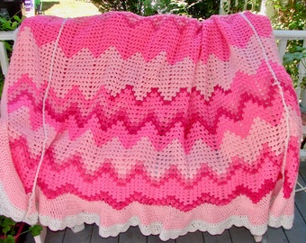 Vintage, Hand Crocheted Hot Pink, Pink and White Afghan KING Bedspread