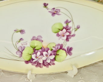Antique Bavaria Hand Painted and Signed Serving Plate with Violets, Viola, Celery Dish, Trinket Dish