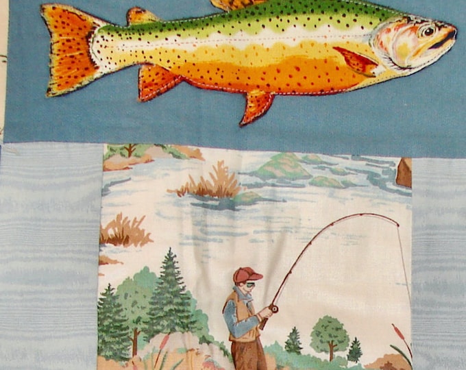 Hand Made Fish and Fisherman Quilt Wall Hanging 34 x 34