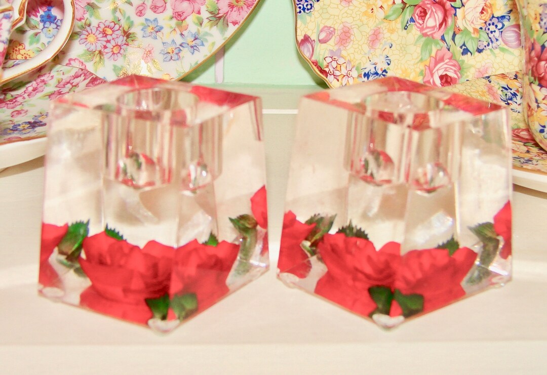 Vintage Mid Century Clear Lucite Candle Holders With Roses Etsy