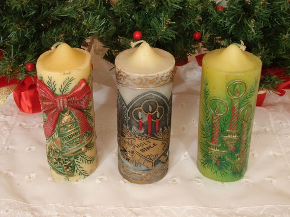 SET OF THREE Vintage Pillar Christmas Candles Bow and Bells - Etsy Hong Kong