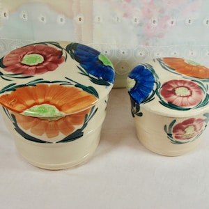 Two Vintage Japan Vintage Boho, Bright Florals Ceramic Crocks with Lids, Containers