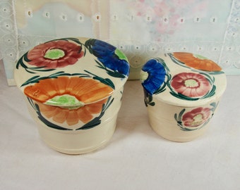 Two Vintage Japan Vintage Boho, Bright Florals Ceramic Crocks with Lids, Containers