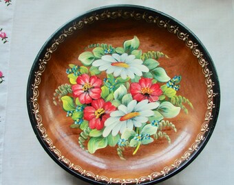 Mid-Century, Handmade, Hand Painted Boho, Three Footed, Toleware Bowl
