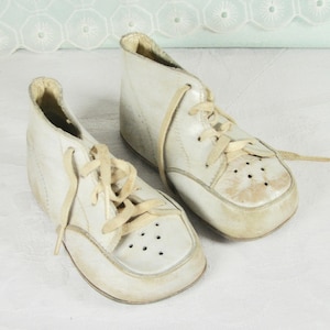 Old Vintage White Leather Baby Shoes