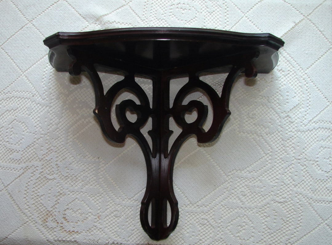 Vintage Dark Wood Wall Shelf With Victorian Swirls Woodwork, Knick
