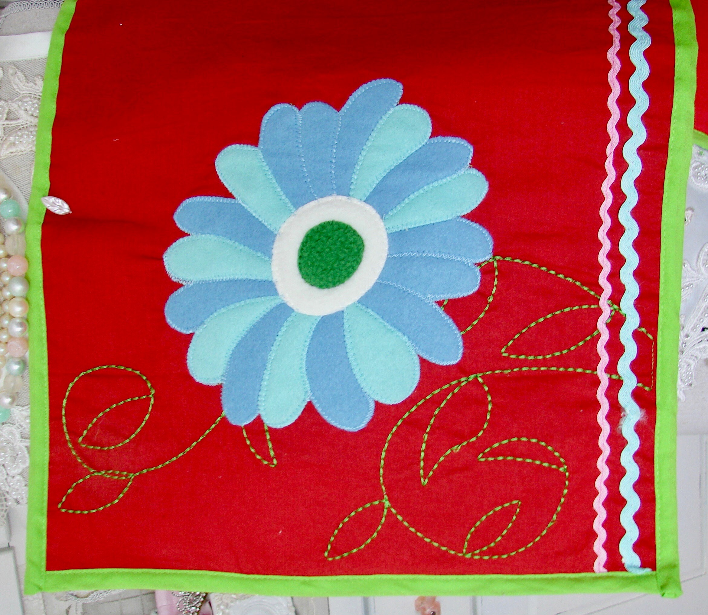 Red Ric Rac Table Runner Red Cotton Table Runner With Blue Felt Flower Applique, Ric Rac Edge ...
