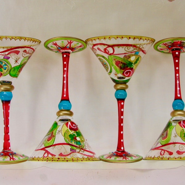 Mouth Blown Glass Christmas Holiday Martini Glasses, Retired NOS