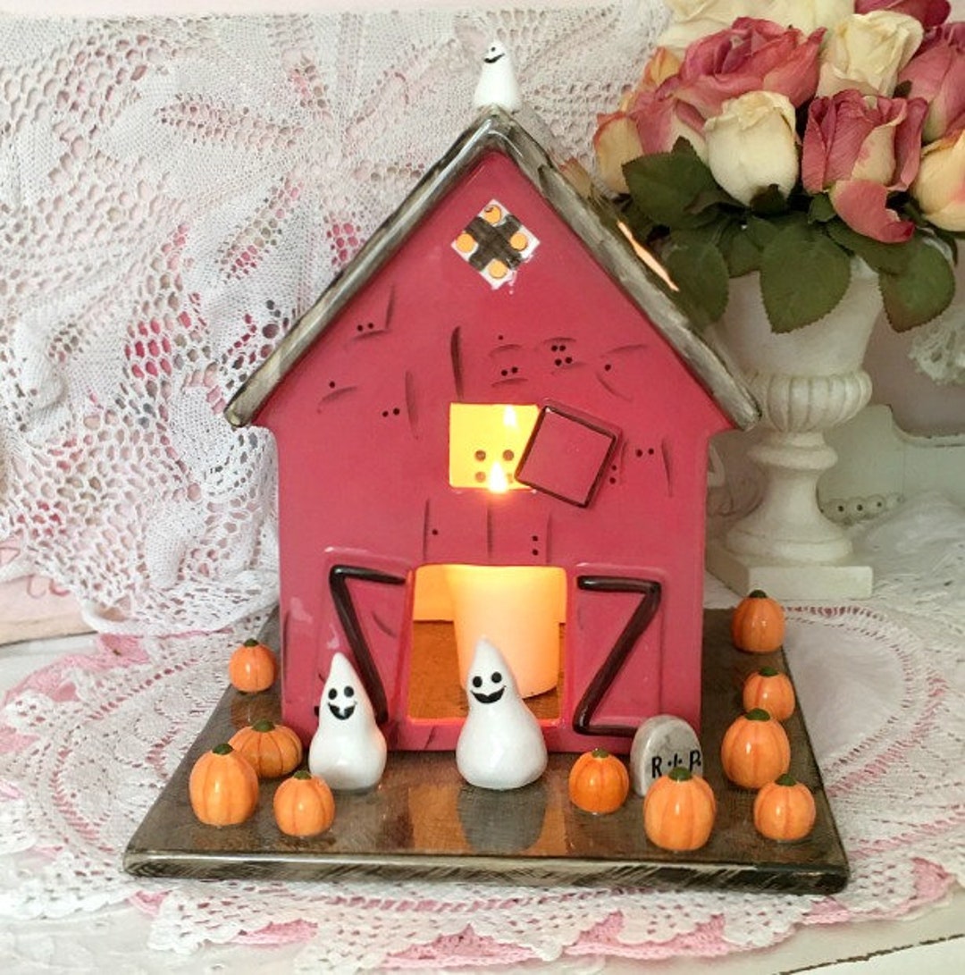 90s White Barn Candle Company barn Spooky Ghost and Pumpkin Votive