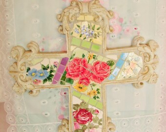 Brightly Colored Mosaic Rose Adorned Cross Crucifix Wall Decor