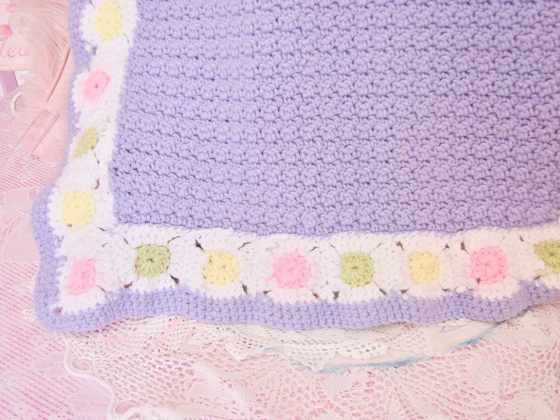 Hand Knit Baby Blanket in Lavender With Floral Edge Crib Etsy