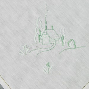 Vintage Cotton Embroidered Light Green Country Cabin Tablecloth, Card Table, Shabby Country Cottage Decor