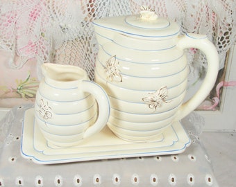 Vintage Hand-painted Moriyama Porcelain Honey Bee Pitcher and Creamer Set From 1930s Japan